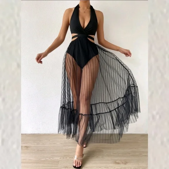 TIE BACKLESS MESH OVERLAY RUFFLE HEM HALTER DRESS WITH BODY SUIT - Picture 4 of 10